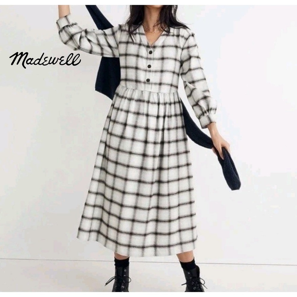Madewell Flannel V-Neck Midi Dress Cream Black Plaid Cotton Womens L Cottagecore